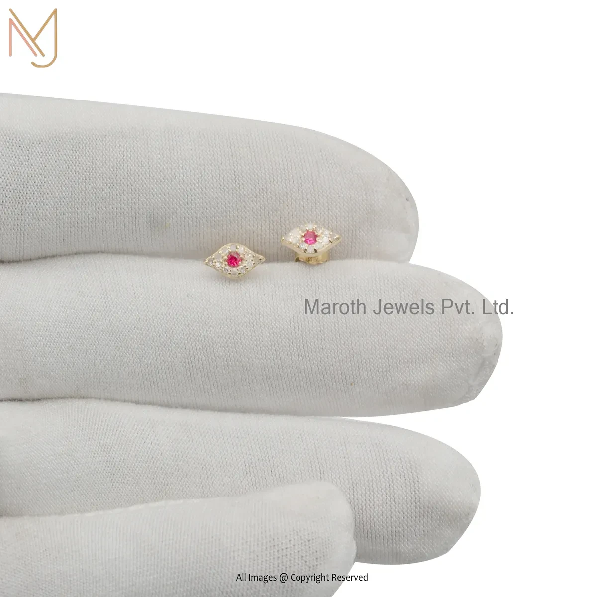 925 Silver Yellow Gold Plated Diamond Ruby Gemstone Evil Eye Stud Earring Jewelry Supplier