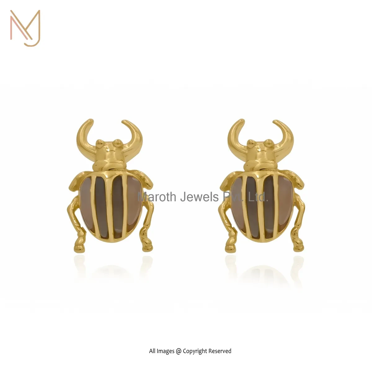 14K Yellow Gold Pink Opal Scarab Stud Earring Jewelry Supplier
