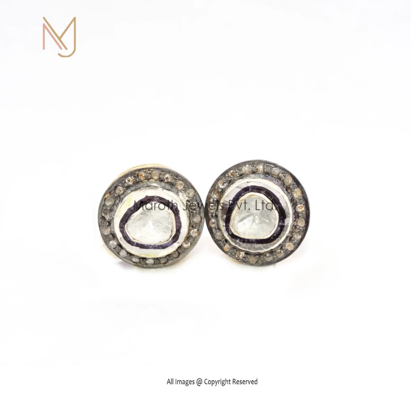 925 Silver Pave Diamond & Rose Cut Diamond Studs Earrings Jewelry