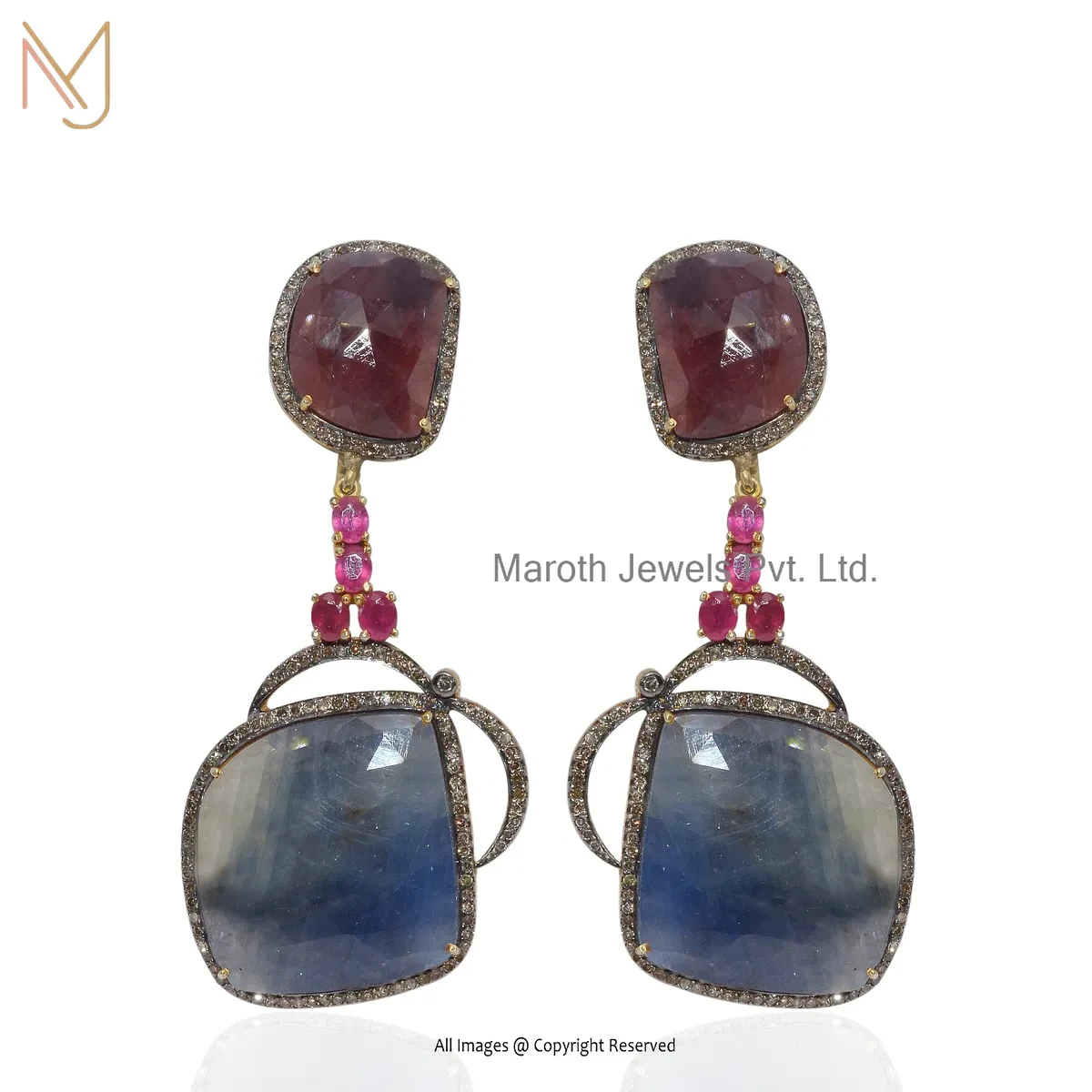 14K Yellow Gold Pave Diamond , Pink Sapphire , Ruby , Blue Sapphire Gemstone Drop Earring USA