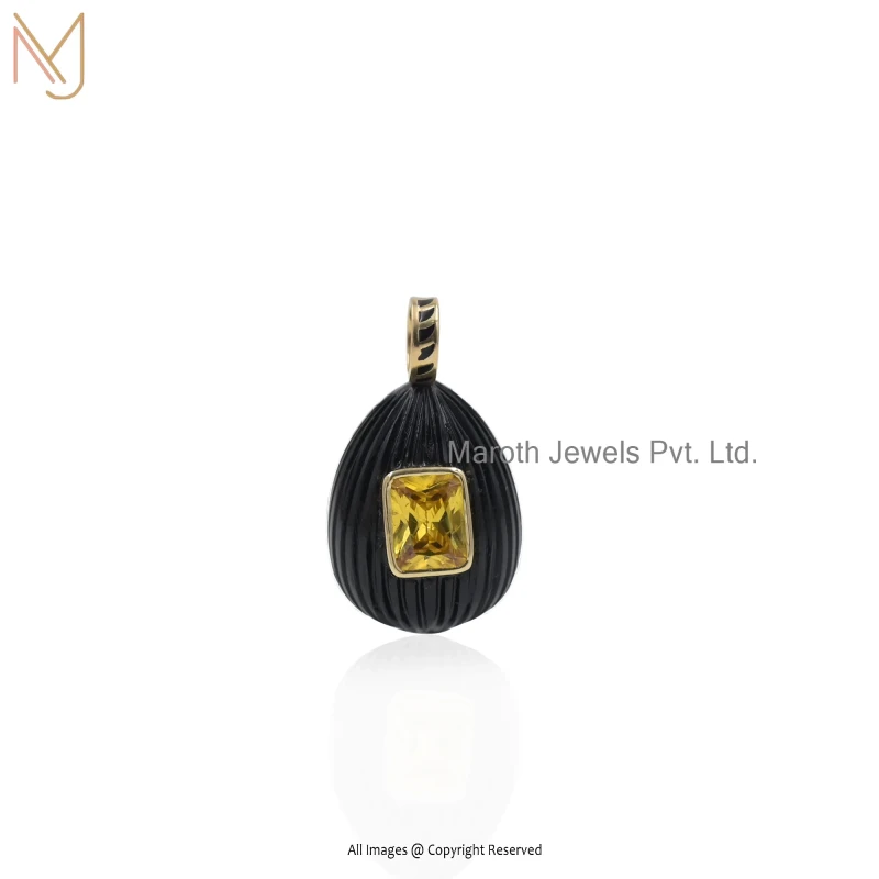 925 Silver Yellow Gold Plated Black Spinel & Citrine & Black Enamel Drop Coconut Shell Pendant USA