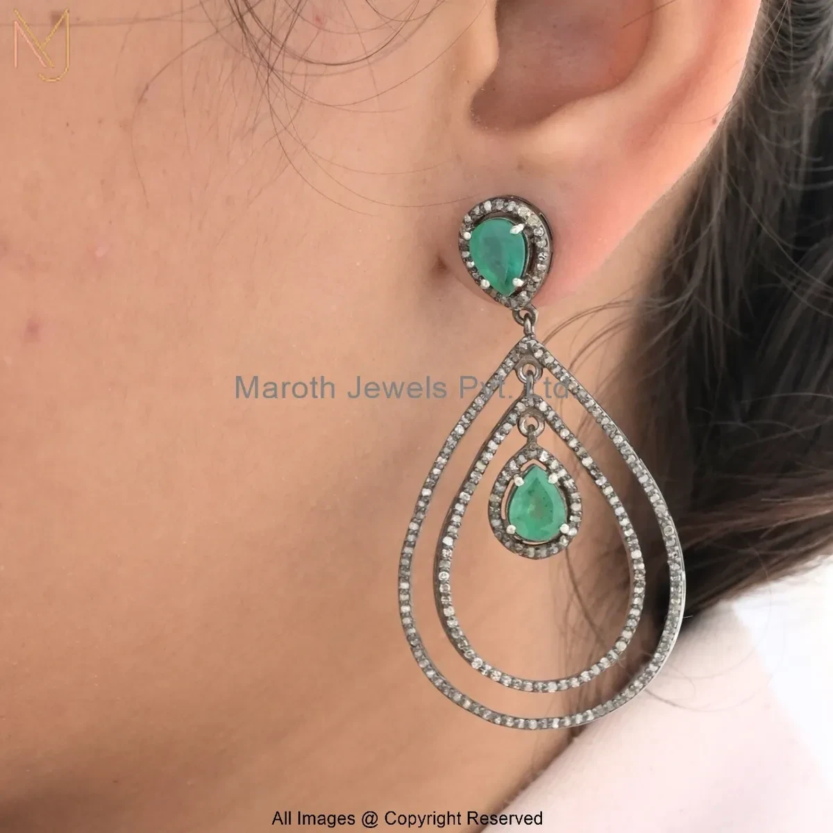 925 Silver Rhodium Plated Pave Diamond And Emerald Drop Earring Manufacturer