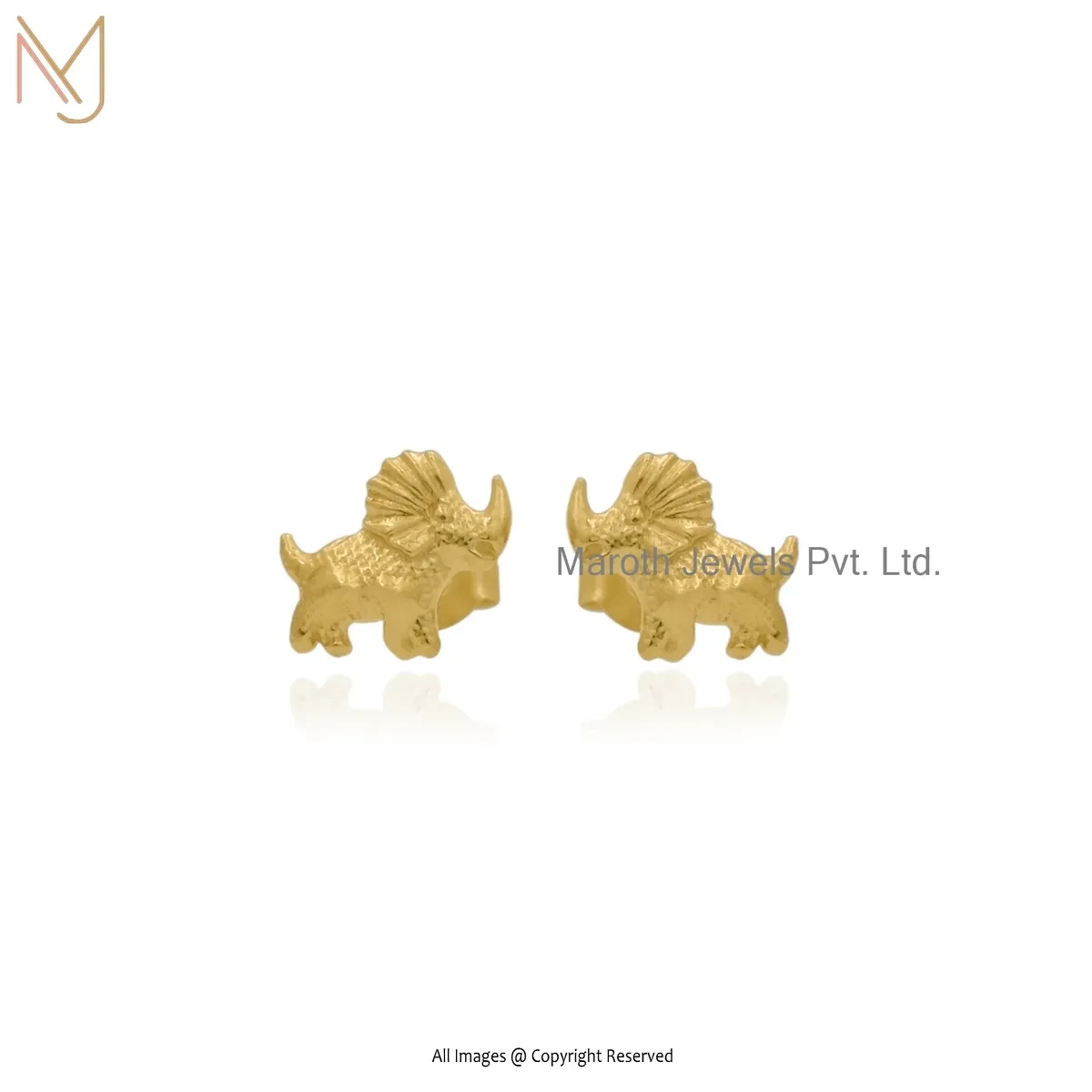 925 Silver Yellow Gold Plated Triceratops Dinosaur Stud Earrings Jewelry Supplier