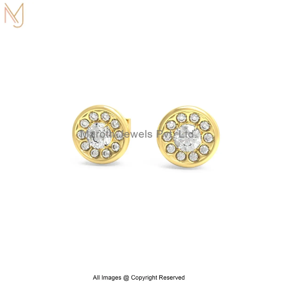 14K Yellow Gold Diamond Moissanite Round Disc Stud Earring Jewelry Supplier
