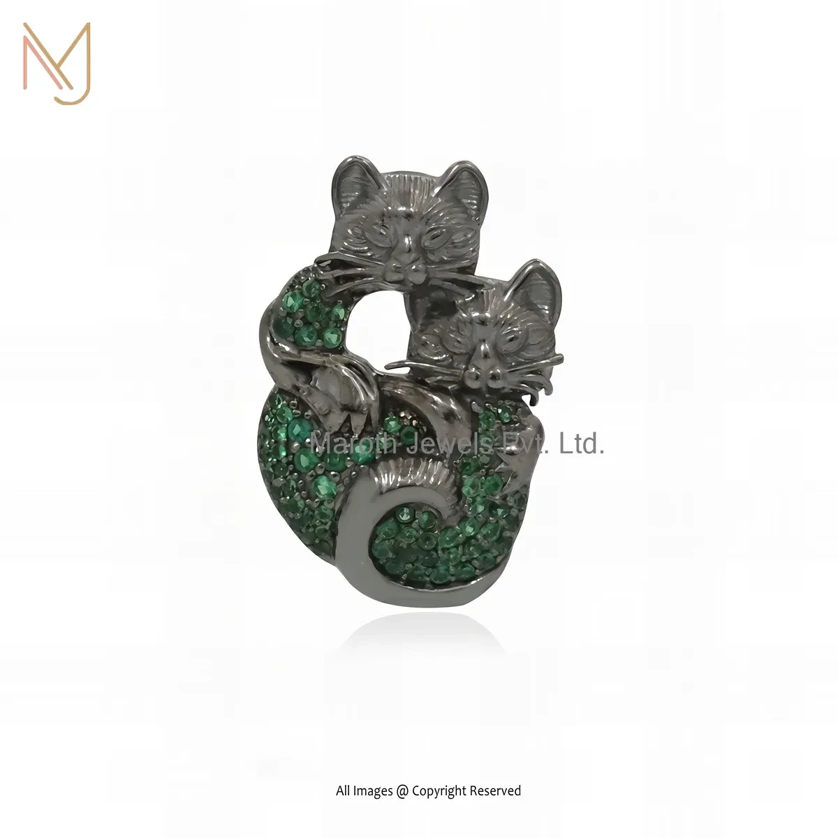 925 Silver White Gold Plated Emerald Couple Cats Pendant Jewelry Supplier