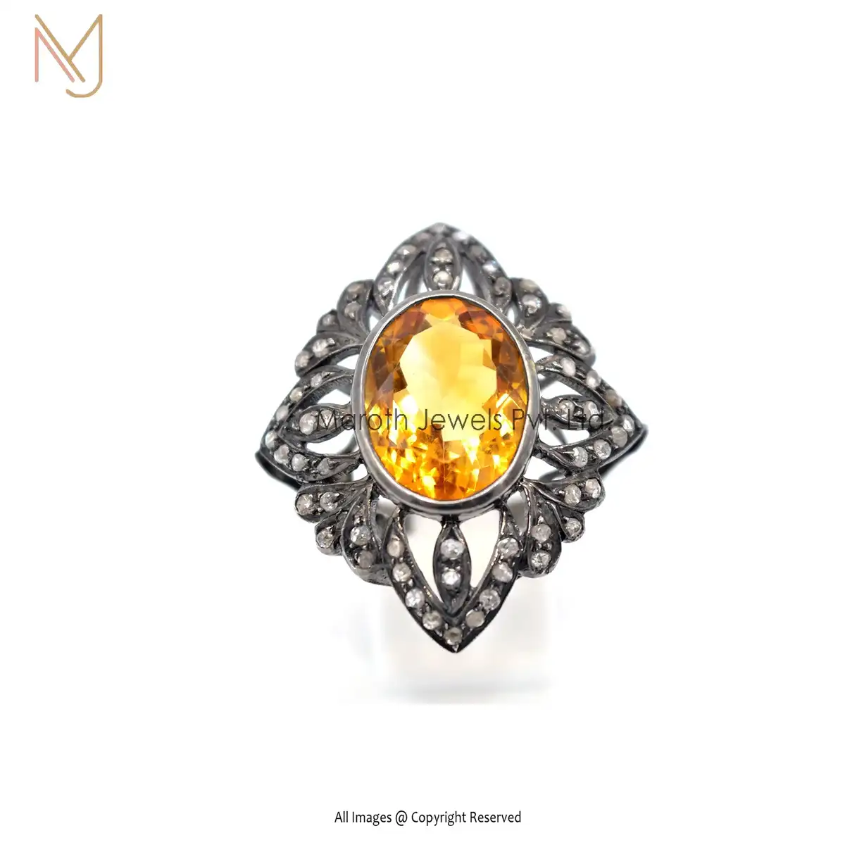 925 Silver Rhodium Pave Diamond Citrine Gemstone Statement Designer Ring Manufacturer