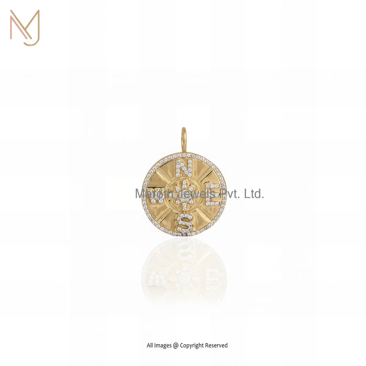 Private Lable 925 Silver Yellow Gold Plated Cubic Zircon Compass Charm Pendant