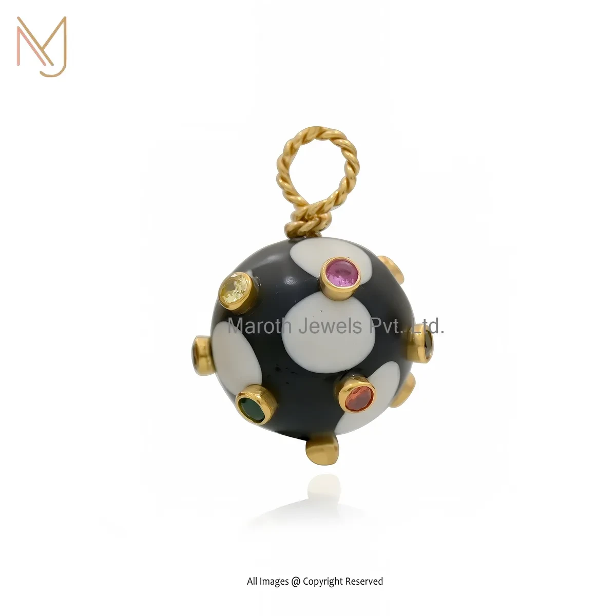 925 Silver Yellow Gold Plated Black Howlite & Multi Gemstone Ball Pendant Custom Jewelry