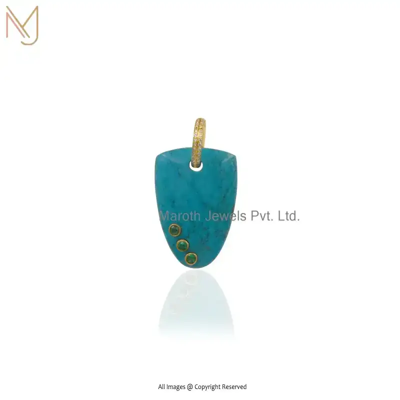 925 Silver Yellow Gold Turquoise Green Cubic Zircoina Charm With Bail Pendant Manufacturer
