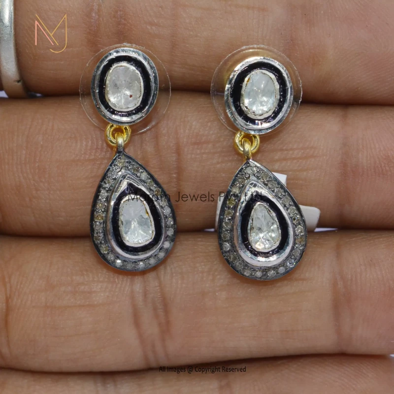925 Silver Yellow Gold Rhodium Plated Pave Diamond & Rose Cut Diamond  Earrings Jewelry