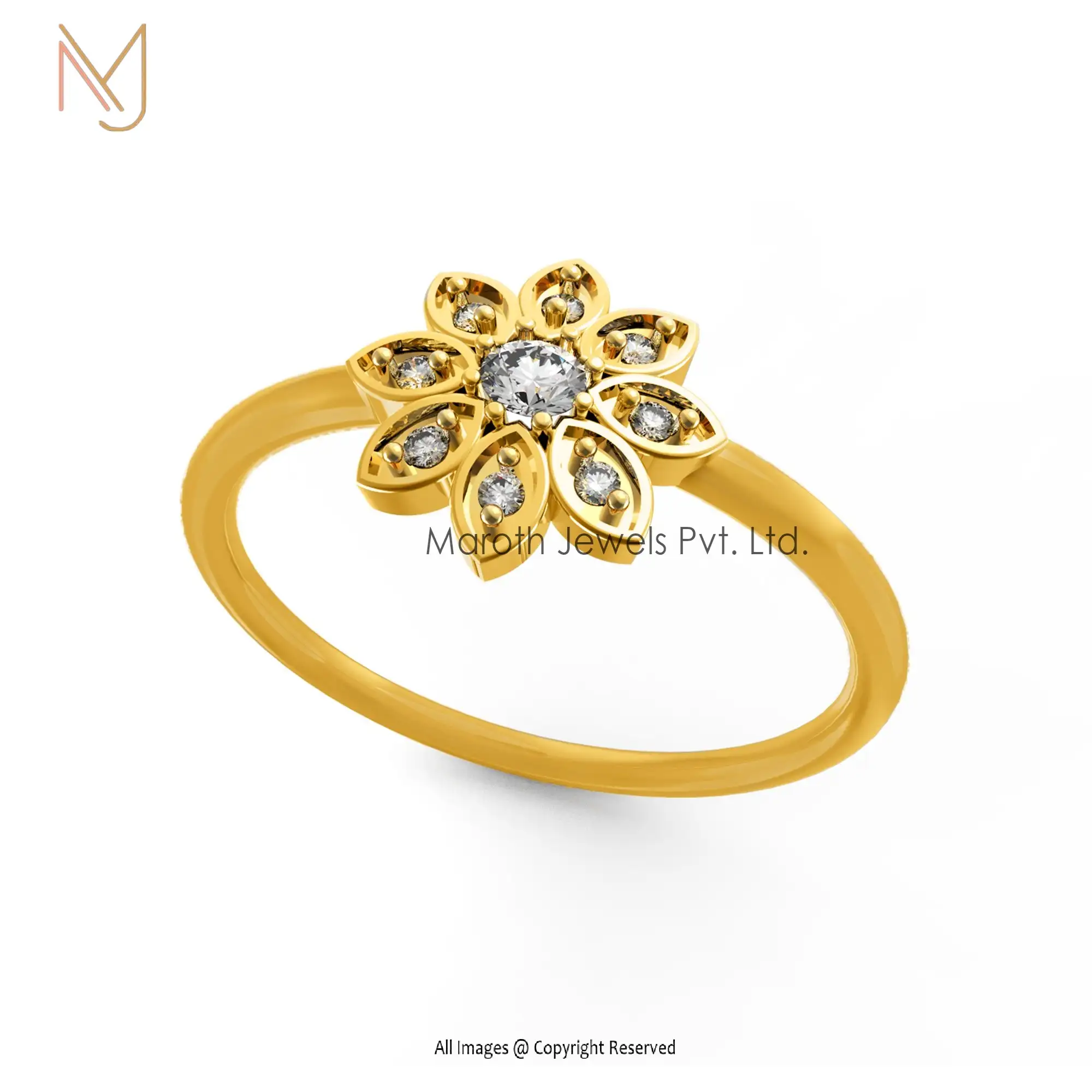 14K Yellow Gold Pave Diamond Flower Ring Jewelry Manufacturer