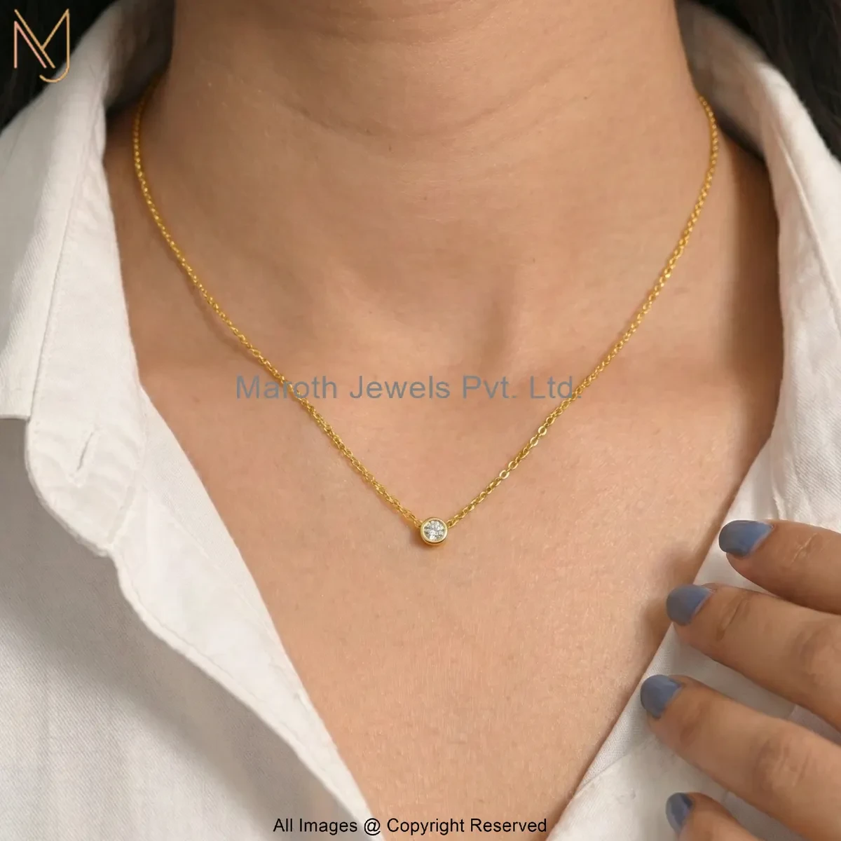 Private Lable 14K Yellow Gold Cubic Zircon Round Diamond Solitaire Necklace Jewelry