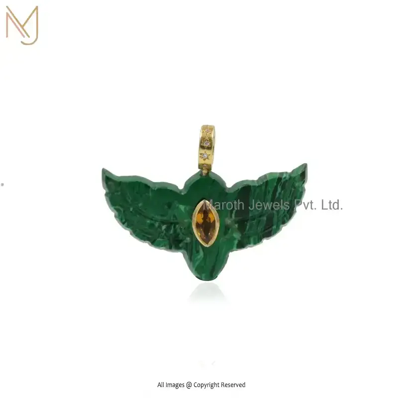 925 Silver Yellow Gold Plated Malachite & Ruby CZ Flying Bird Swallow Charm Pendant Jewelry Supplier