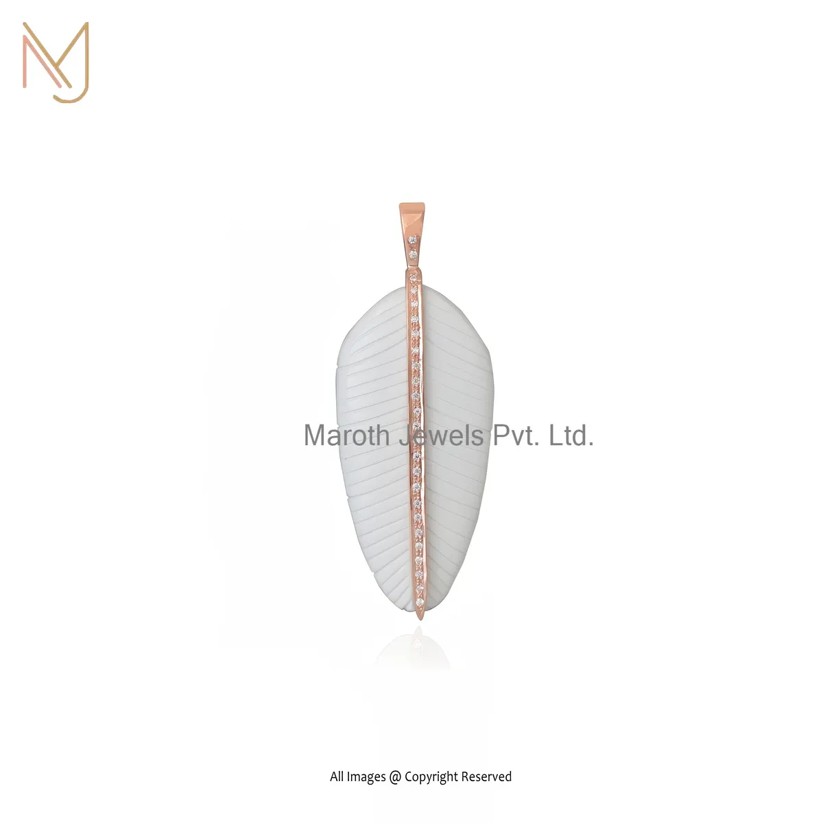 14K Yellow Gold White Agate , Moissanite Feather Pendant Custom Jewelry