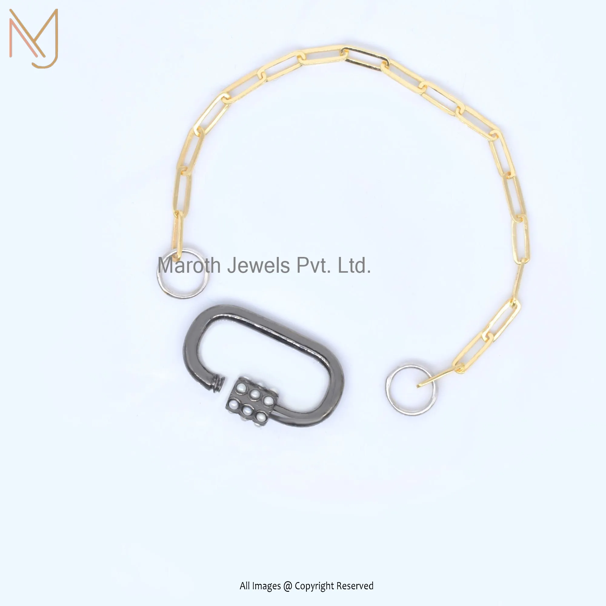 14k Yellow Gold Paper Clip Chain Rhodium Plated Pearl Carabiner Lock Bracelet Manufacturer
