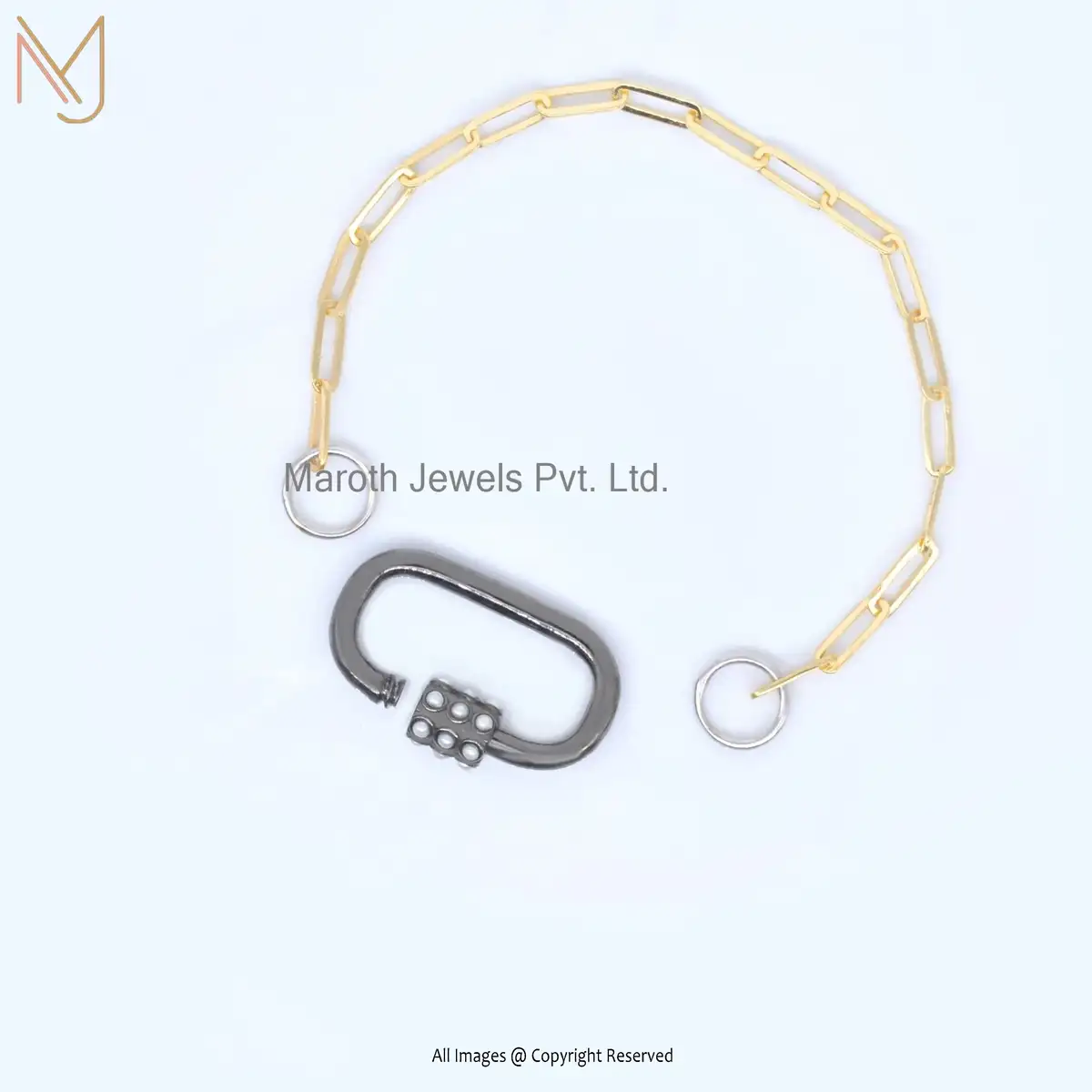 14k Yellow Gold Paper Clip Chain Rhodium Plated Pearl Carabiner Lock Bracelet Manufacturer