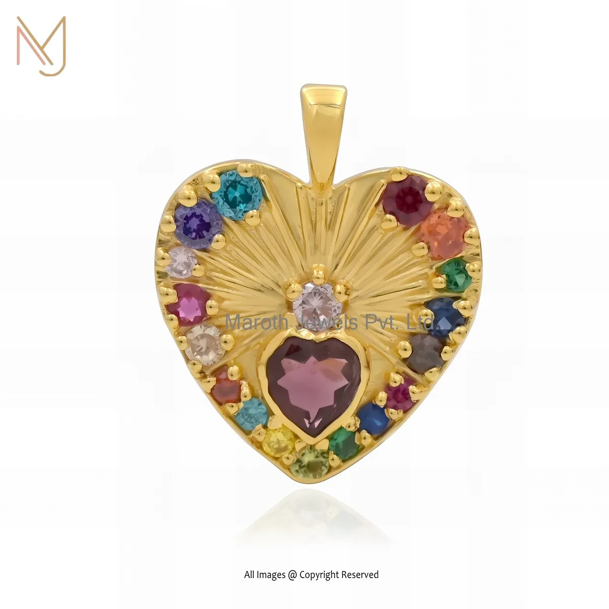 925 Silver Yellow Gold Plated Multi Gemstone Fluted Heart Pendant Manufacturer