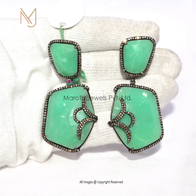 92.5 Silver Rhodium Plated Pave Diamond Green Onyx Earrings
