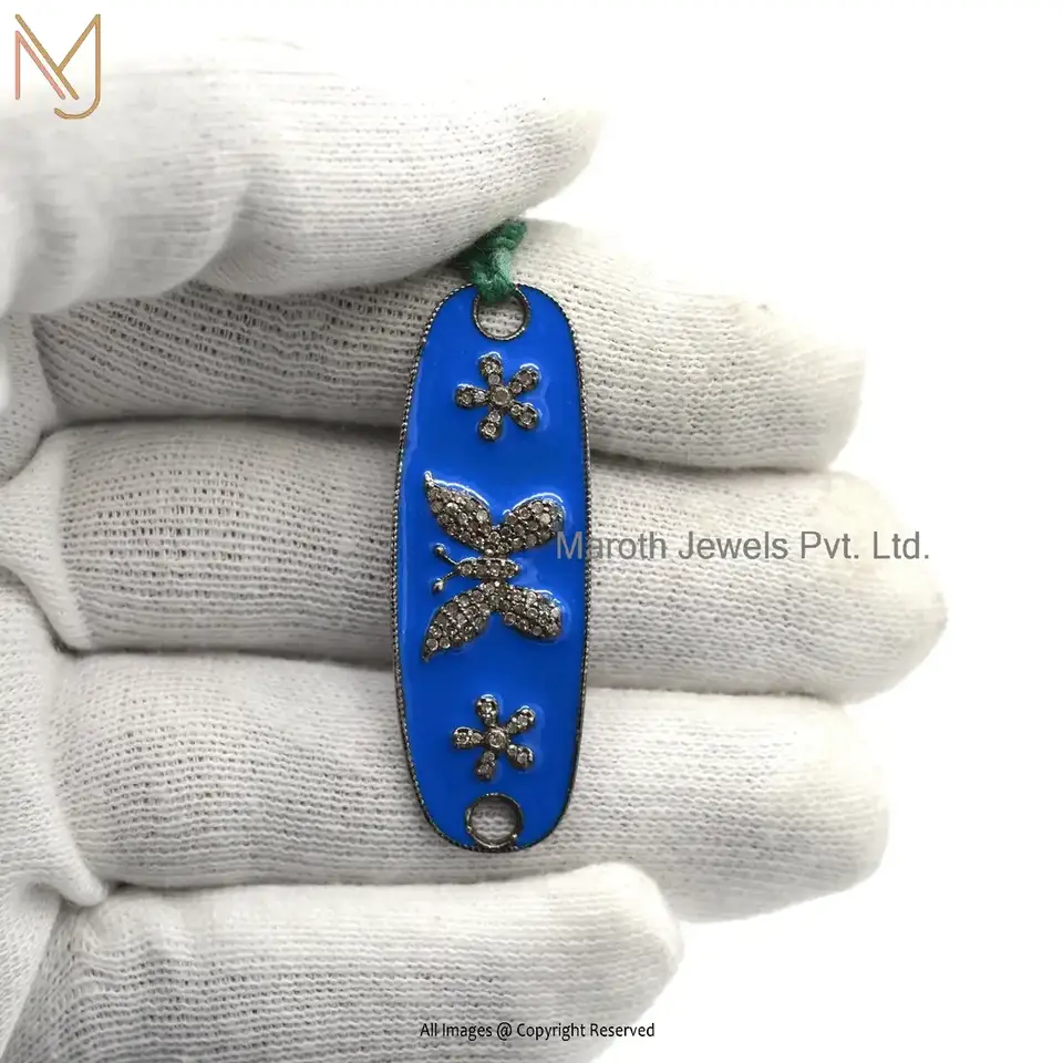 925 Silver Rhodium Plated Pave Diamond Butterfly Blue Enamel Pendants Jewelry Manufacturer