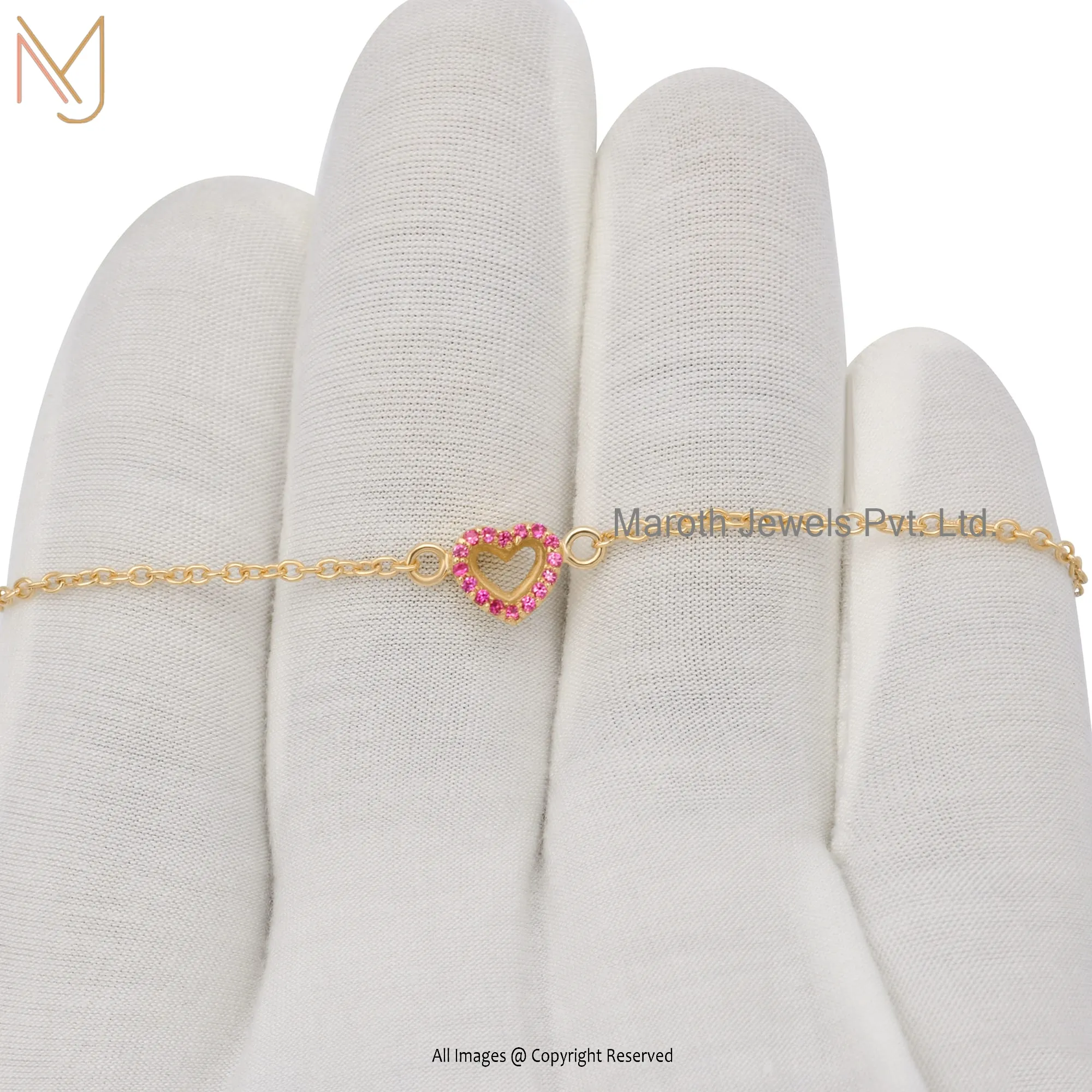 Wholesale 14k Yellow Gold Pink Sapphire Gemstone Heart Adjustable Chain Bracelet