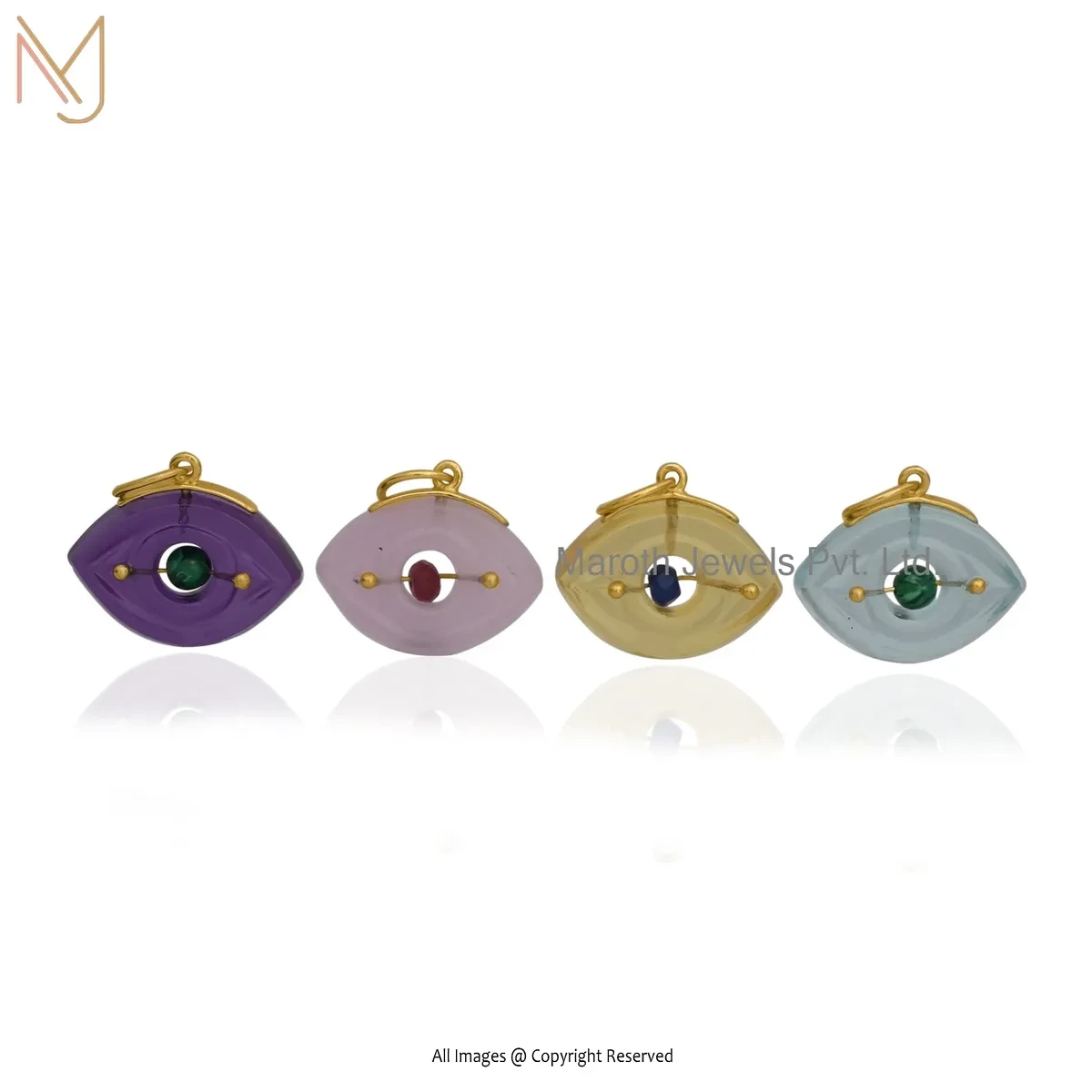 925 Silver Yellow Plated Cubic Zircon & Rose Quartz Gemstone Evil Eye Charm Pendant Custom Jewelry