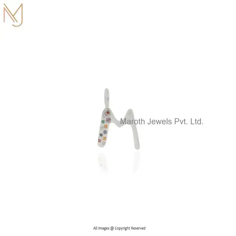925 Silver White Gold Plated Multi Gemstone Alphabet Initial Letter Charm Pendant USA