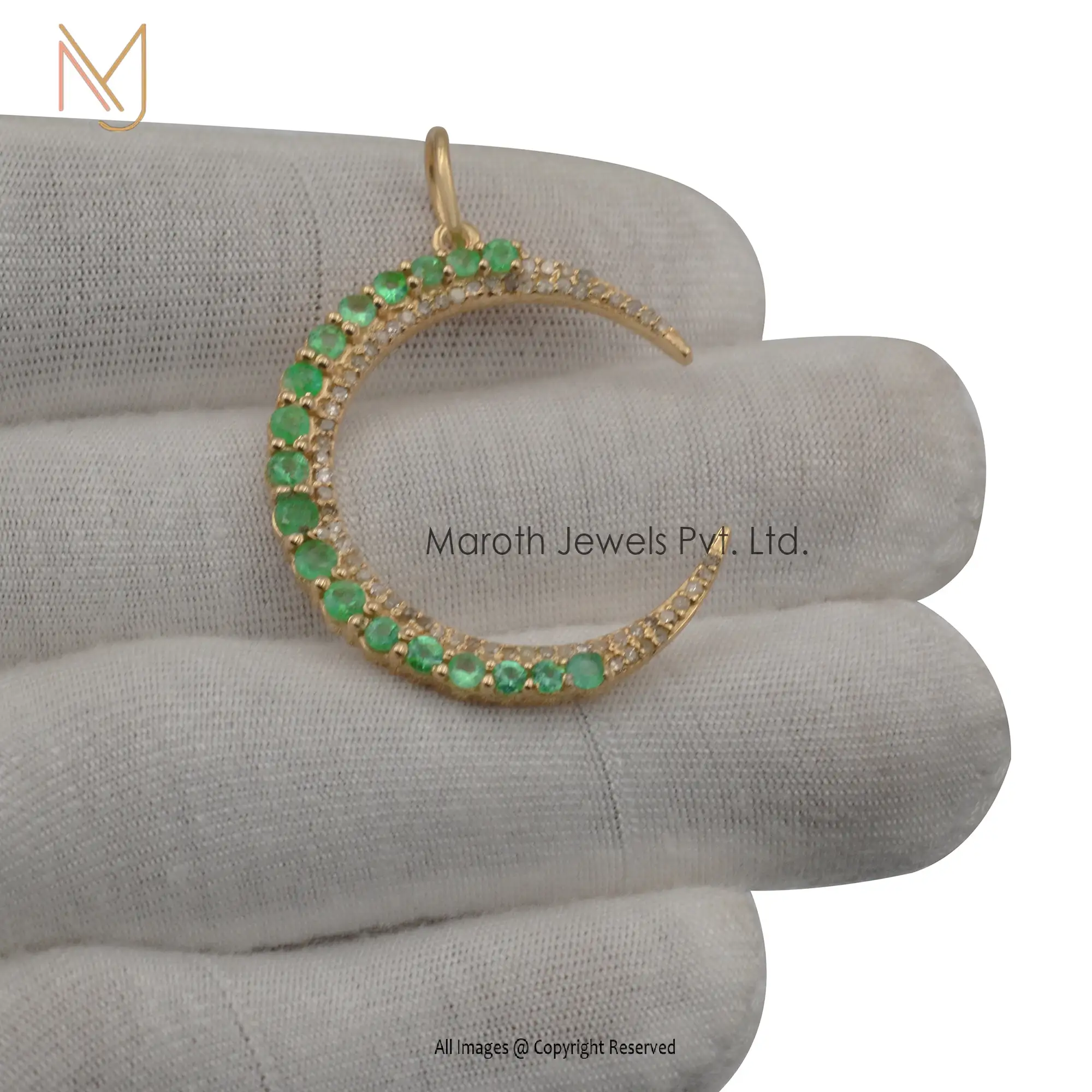 14k Yellow Gold Pave Diamond and Emerald Gemstone Moon Pendant Manufacturer