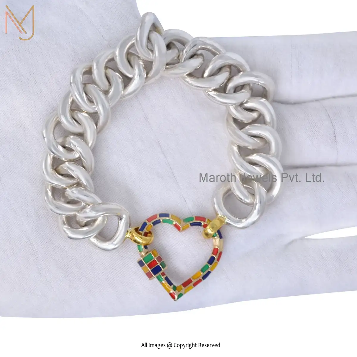 925 Silver White Gold & Yellow Gold Plated Multi Enamel Heart Carabiner Lock Chain Bracelet USA