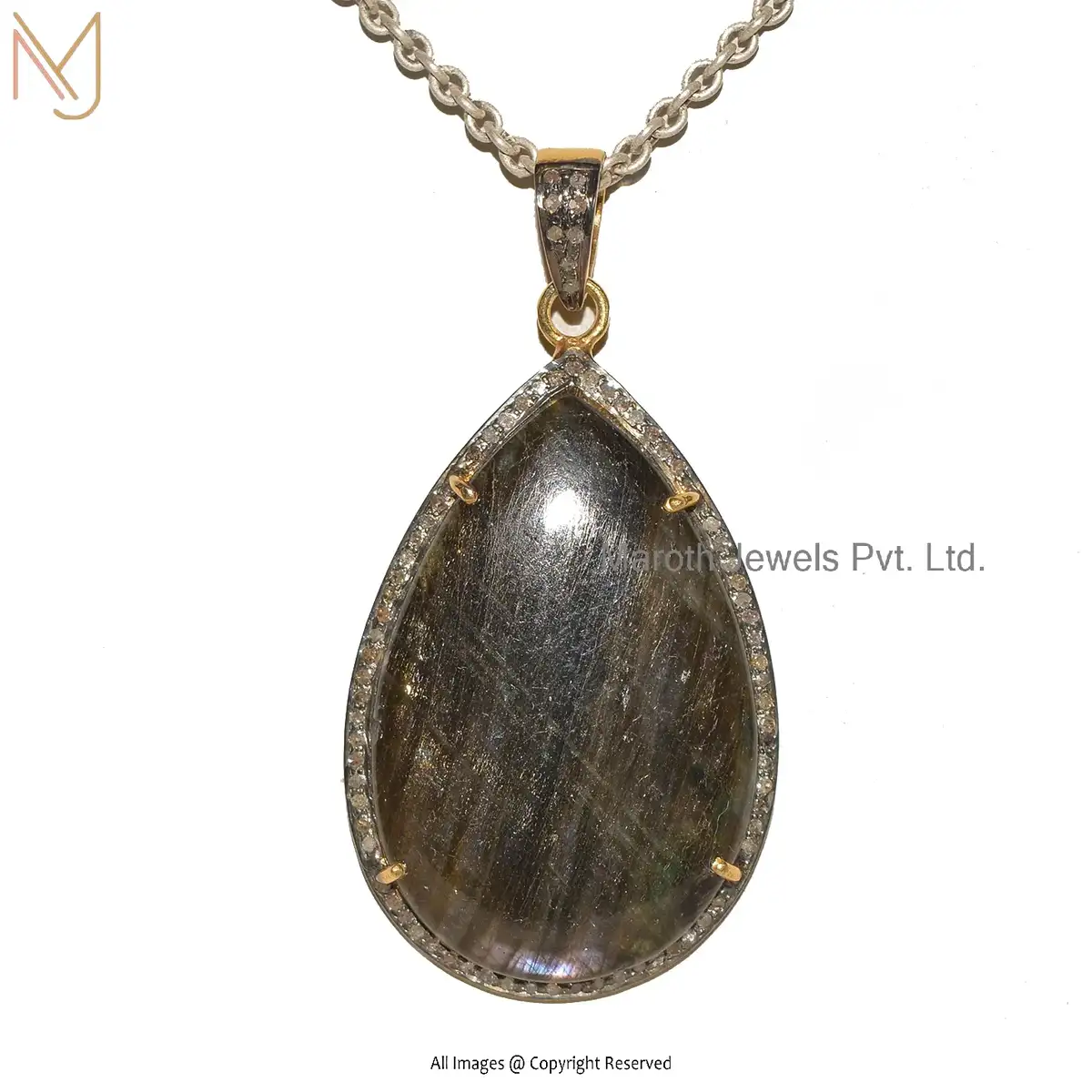 925 Silver Rhodium Plated Diamond, Labradorite Gemstone Pear Design Pendant Jewelry Manufacturer