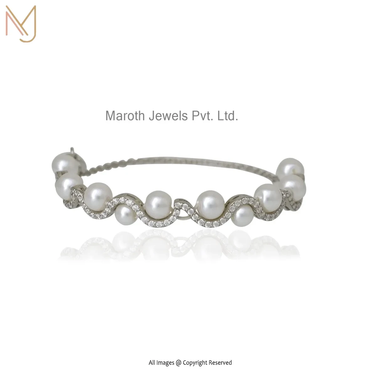 Private Lable 14K White Gold Moissanite Trendy Sparkling Silver Pearl Bangle