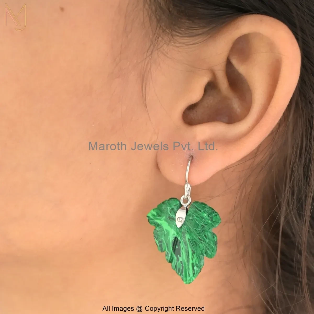 14K Yellow Gold Malachite Carved Leaf Drop Earring Jewelry Supplier
