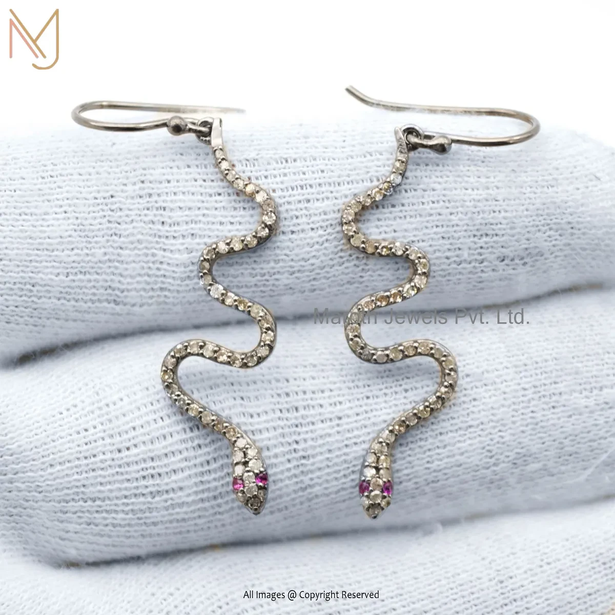 925 Silver Yellow Gold Plated Pave Dimmond Ruby Snake Earring Custom Jewelry