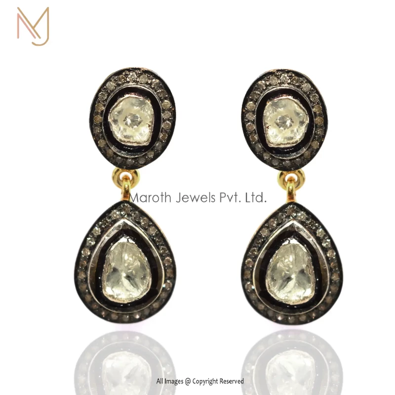 925 Silver Yellow Gold Rhodium Plated Pave Diamond And Rose Cut Diamond  Stud Earring