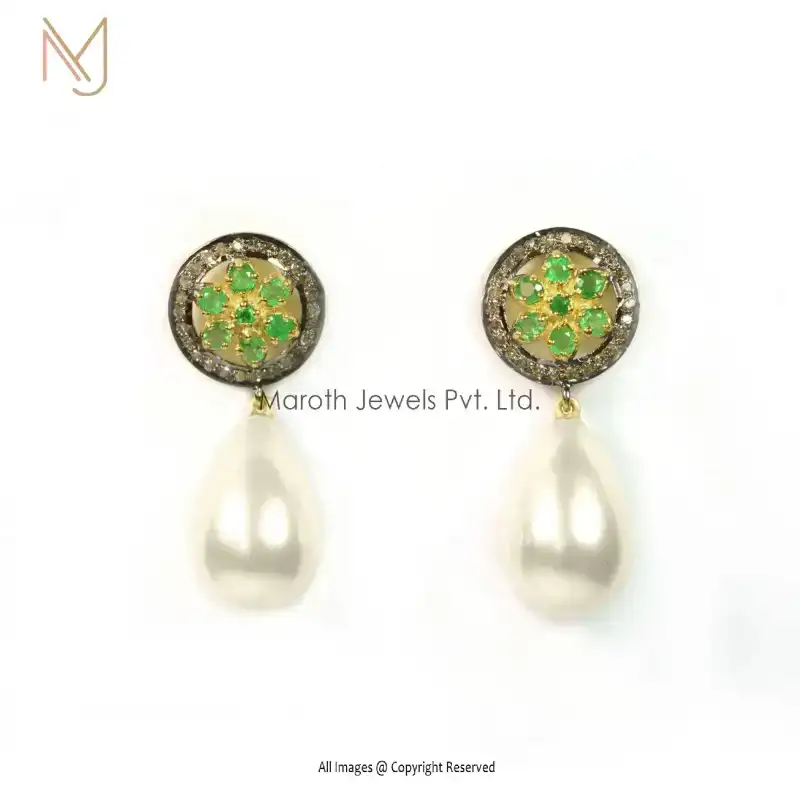 925 Silver Natural Pearl Tsavorite Gemstone Diamond Dangle Earrings Manufacturer