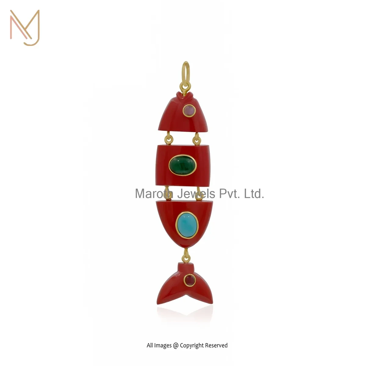 Wholesale 14K Yellow Gold Lapiz Lazuli And Red Coral Fish Pendant Jewelry