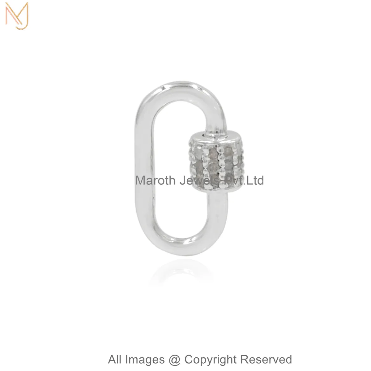 925 Sterling Silver White Gold Plated Cubic Zirconia Pave Connector Clasp—Radiant Oval Carabiner Lock Jewelry USA