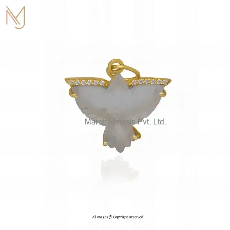 14K Yellow Gold Black Onyx & Moissanite Carved Bird Pendant Manufacturer