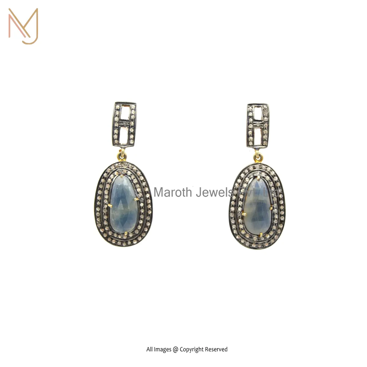 925 Sterling Silver Yellow Gold Plated Pave Diamond Blue Sapphire Drop Earring Manufacturer