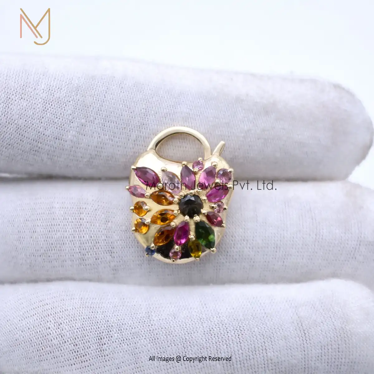 925 Silver Yellow Gold Multi Tourmaline Gemstone Padlock Handmade Jewelry Manufacturer