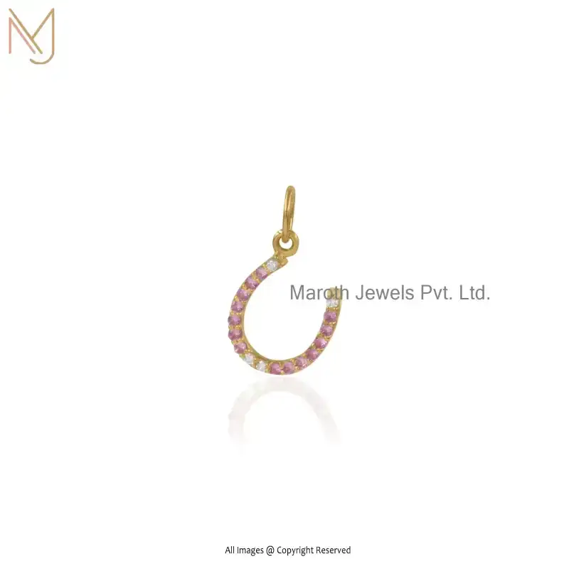 925 Silver Yellow Gold Plated Diamond Pink Sapphire Horseshoe Charm Pendant Manufacturer