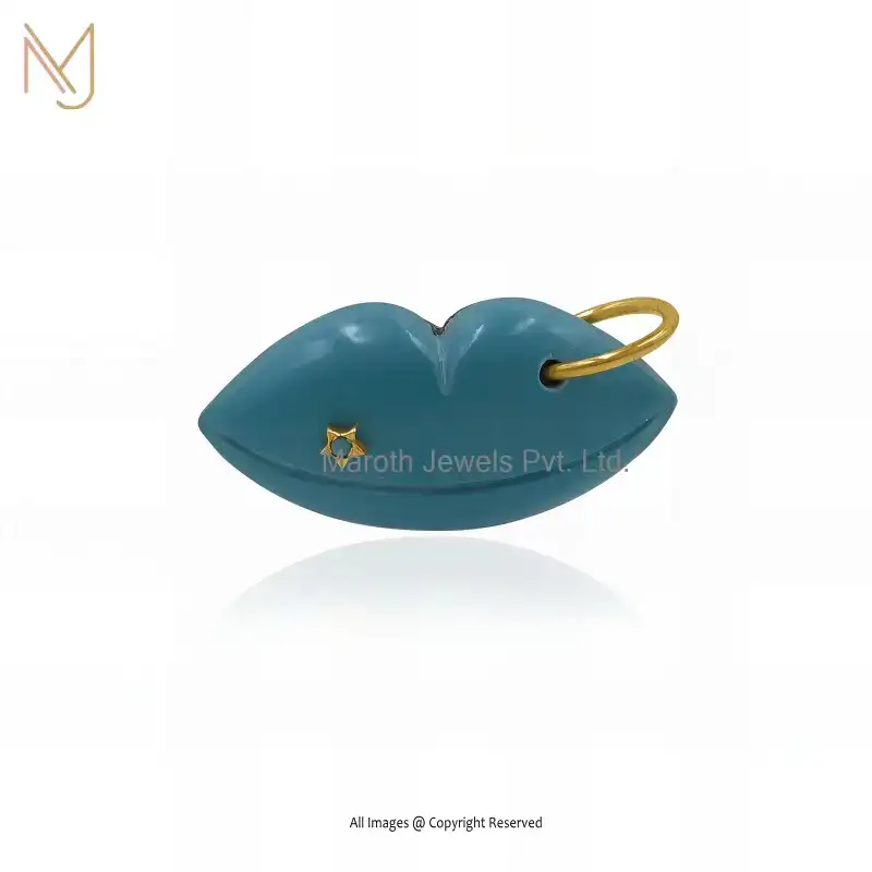 925 Silver Yellow Gold Plated Red Coral & Turquoise Lips Gemstone Pendant Custom Jewelry