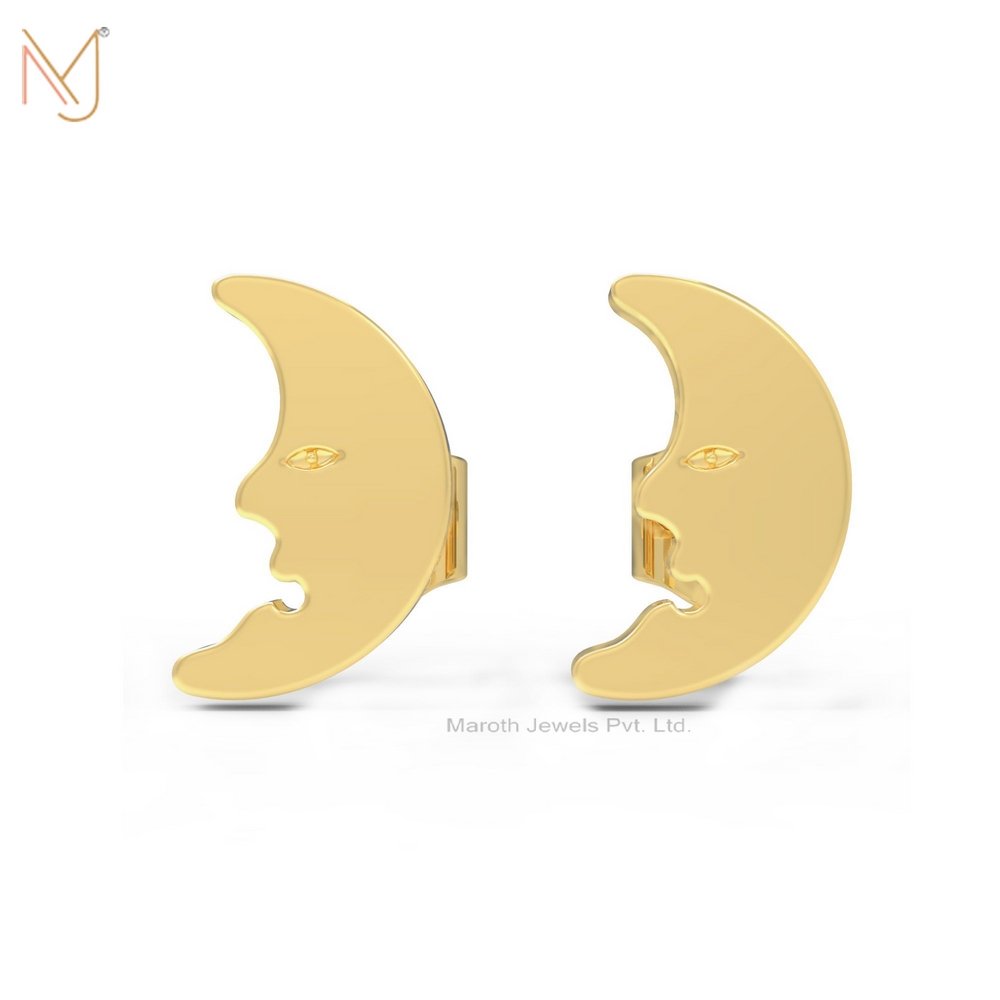 14K Yellow Gold Crescent Moon Studs Earrings Jewelry Manufacturer