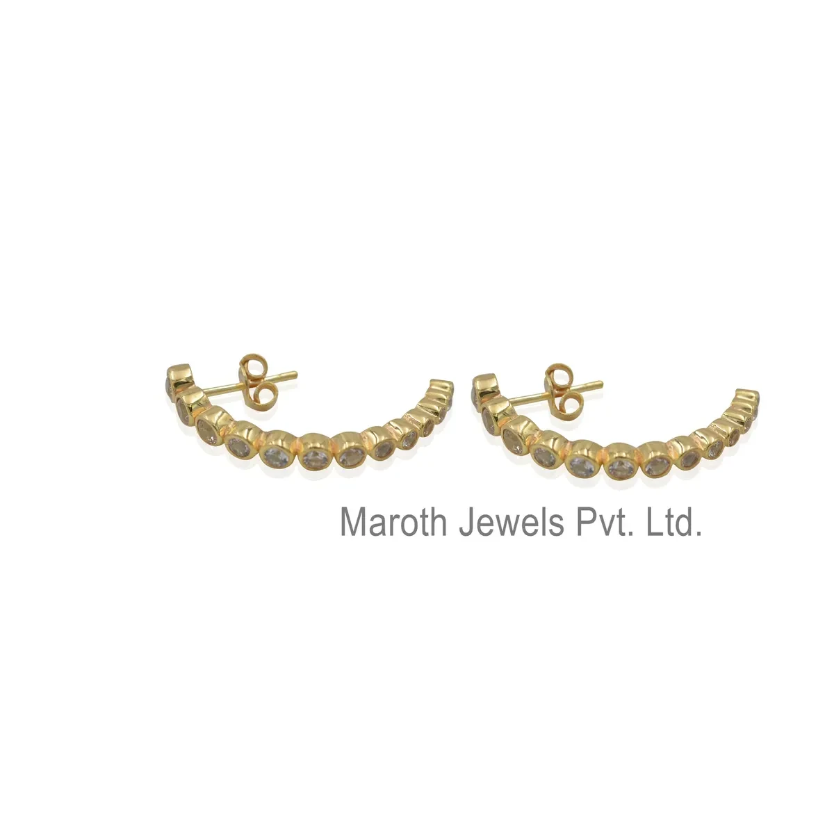 14K Yellow Gold Diamond White Topaz Bezel Half Hoop Earring Manufacturer