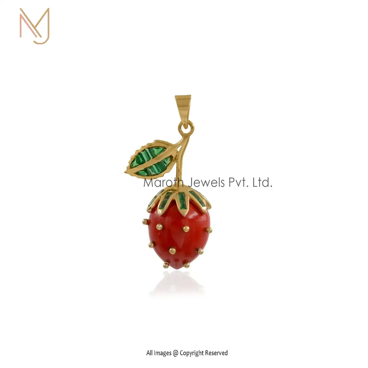 925 Silver Red Coral & CZ Baguettes Strawberry Pendant Jewelry Supplier