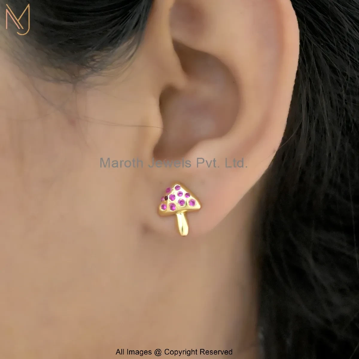 Wholesale 14K Yellow Gold Diamond Cubic Zircon Gemstone Gold Tiny Mushroom Stud Earring