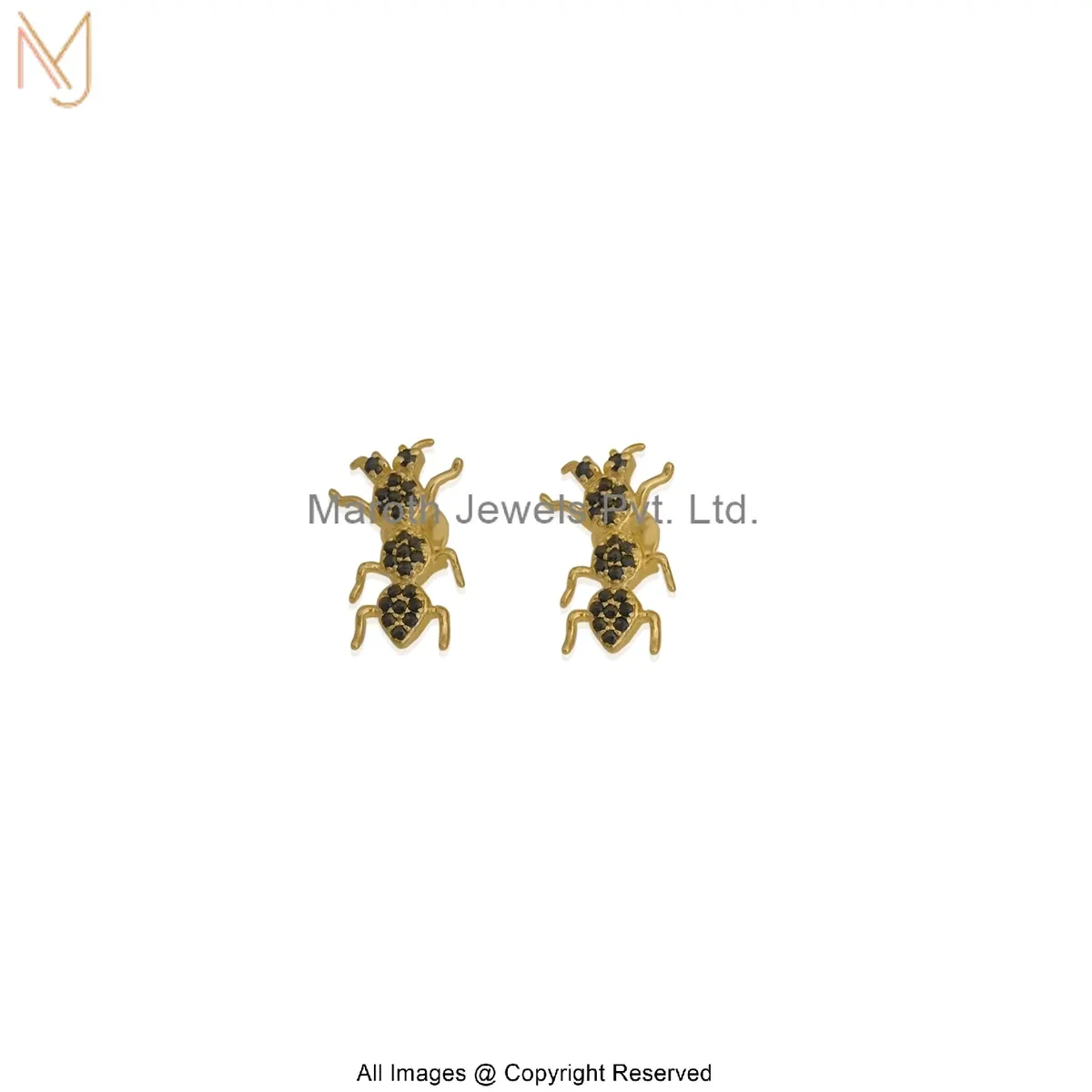 14K Yellow Gold Black Spinel Ant Stud Earrings Custom Jewelry
