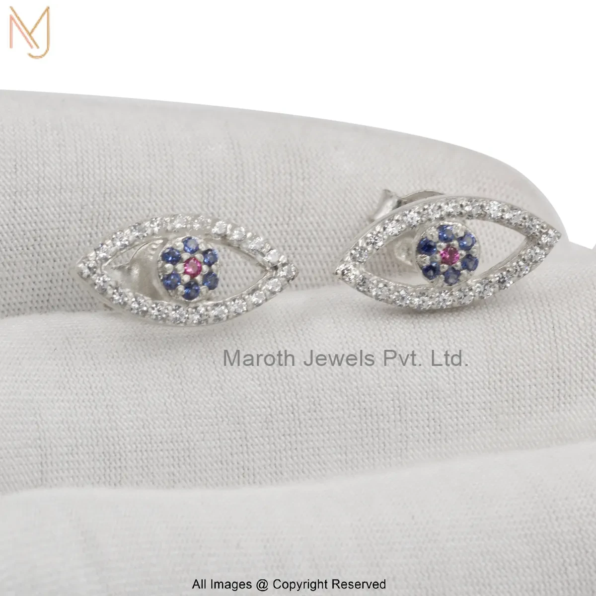 14K White Gold Diamond Cubic Zircon Gemstone Evil Eye Stud Earring Custom Jewelry