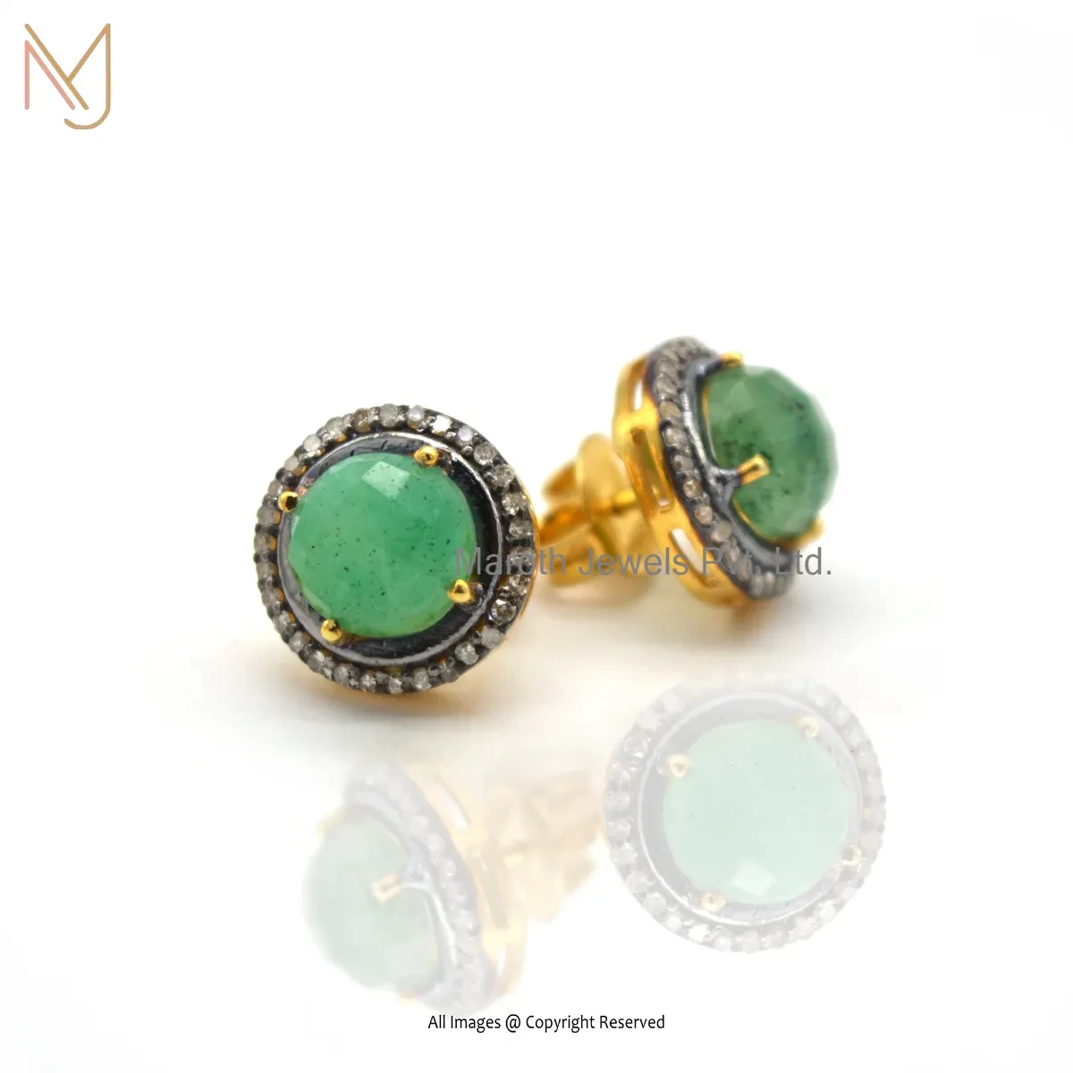 Wholesale 925 Silver Yellow Gold Plated Pave Diamond Emerald Gemstone Stud Earring