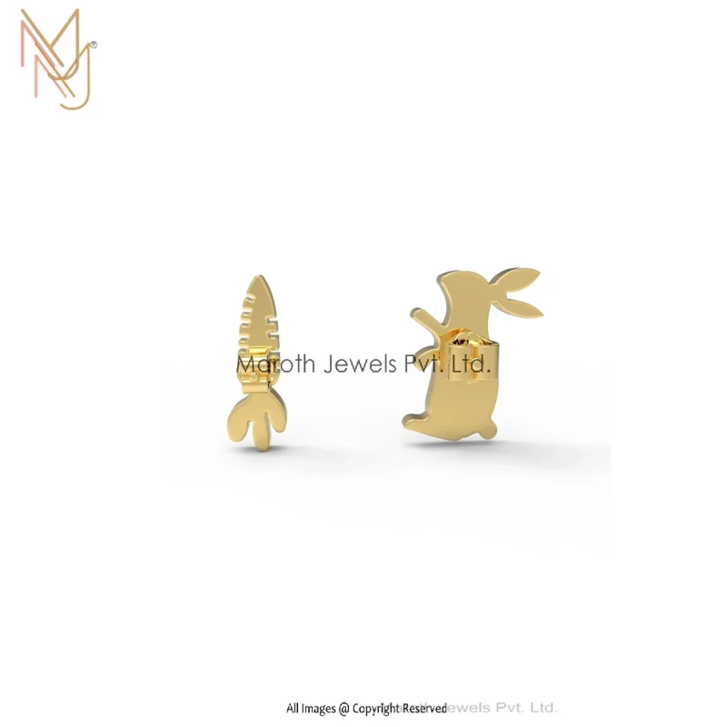 Wholesale 14K Yellow Gold Rabbit & Carrot Earrings Handmade Jewelry