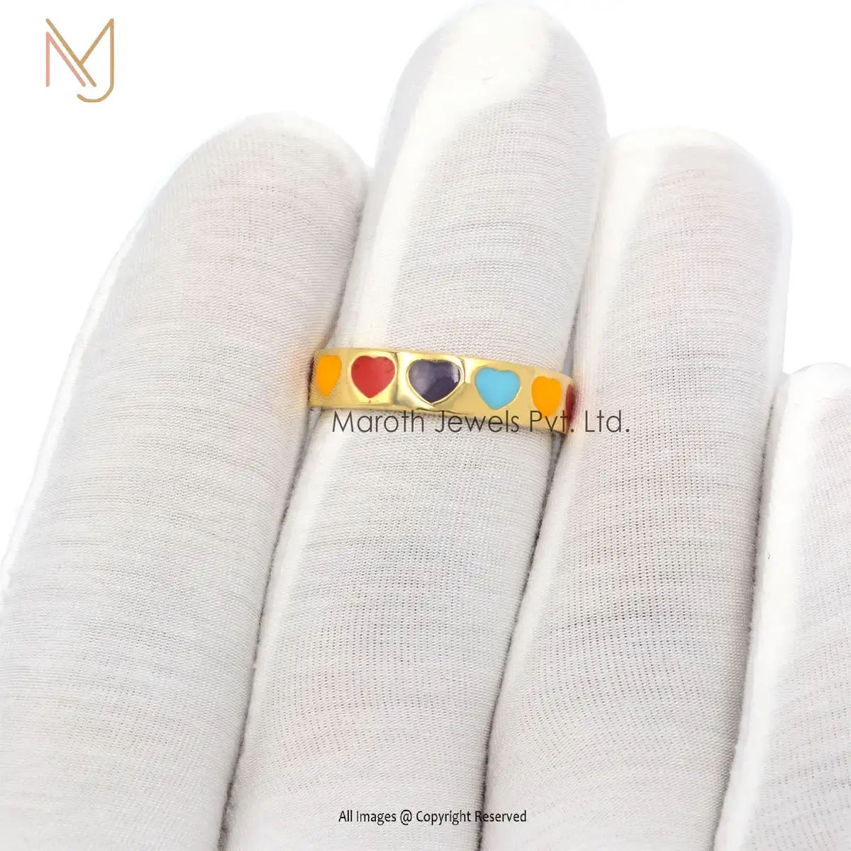 14k Yellow Gold Heart Multi Enamel Ring Jewelry Manufacturer